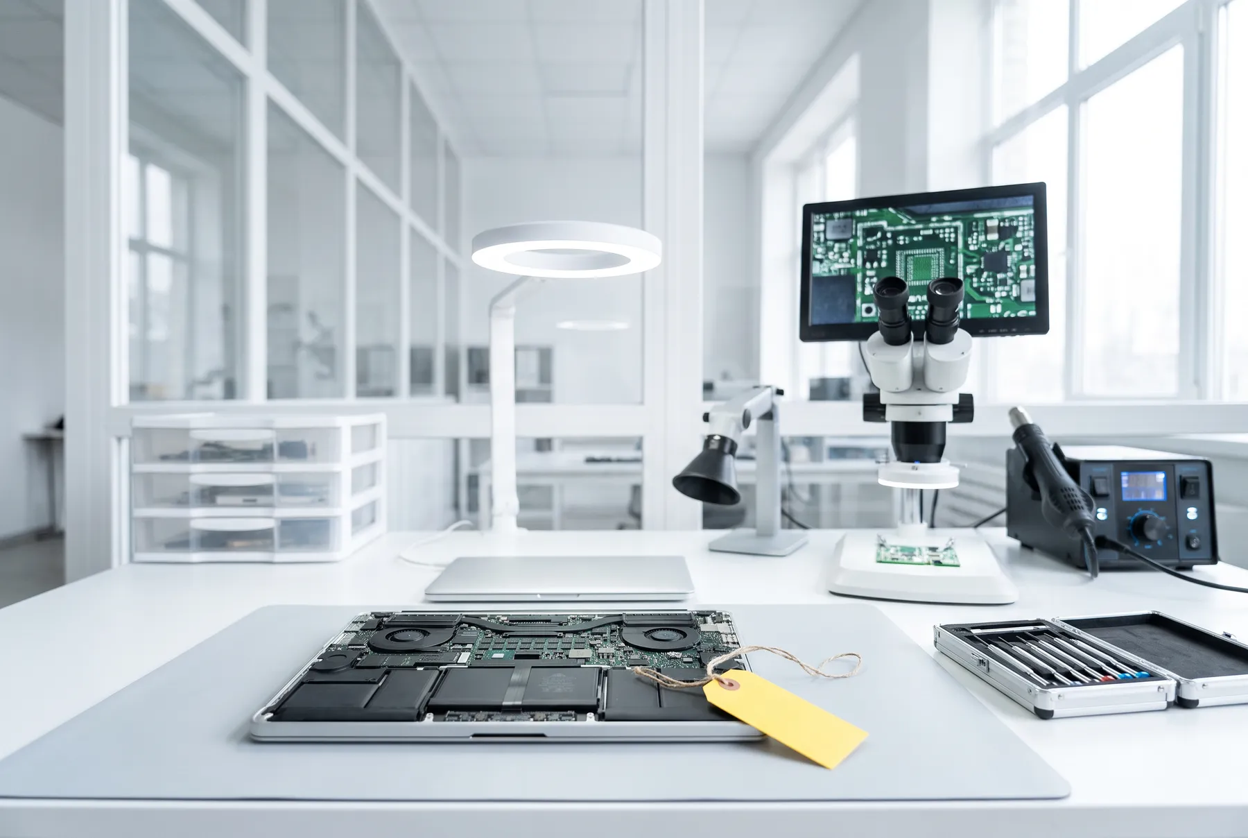 Portátil abierto en el laboratorio de reparación, con microscopio digital y estación de soldadura